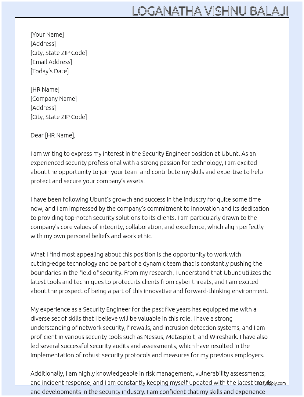 Security Engineer  At Ubunt Cover Letter