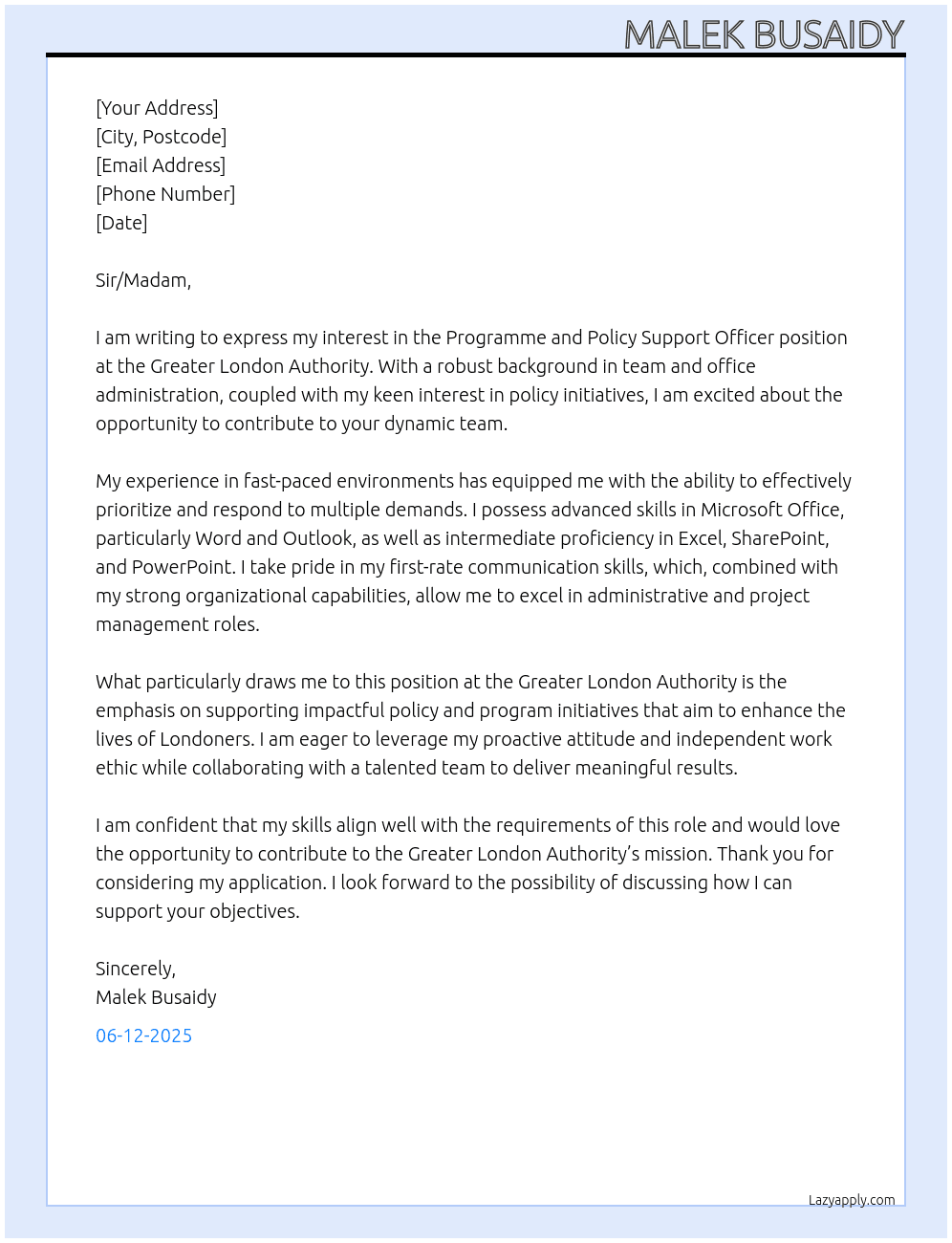  Programme and Policy Support Officer At  Greater London Authority Cover Letter