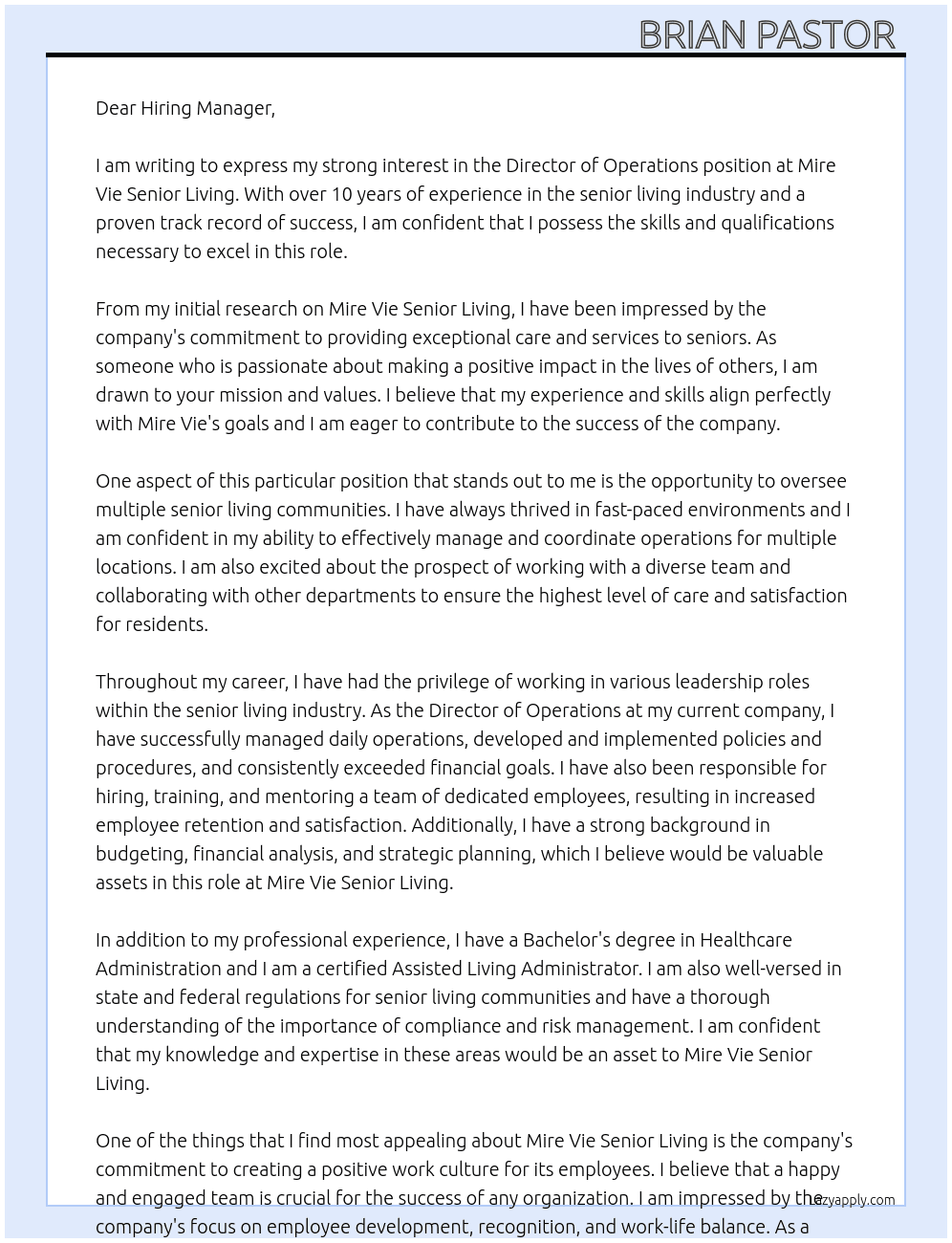 Director of Operations At MIre Vie Senior Living Cover Letter