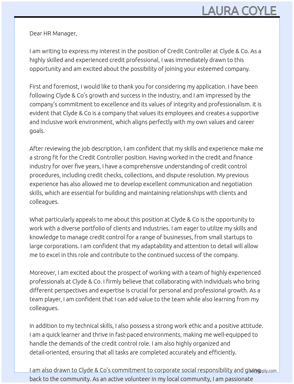 Credit Controller  At Clyde & Co Cover Letter