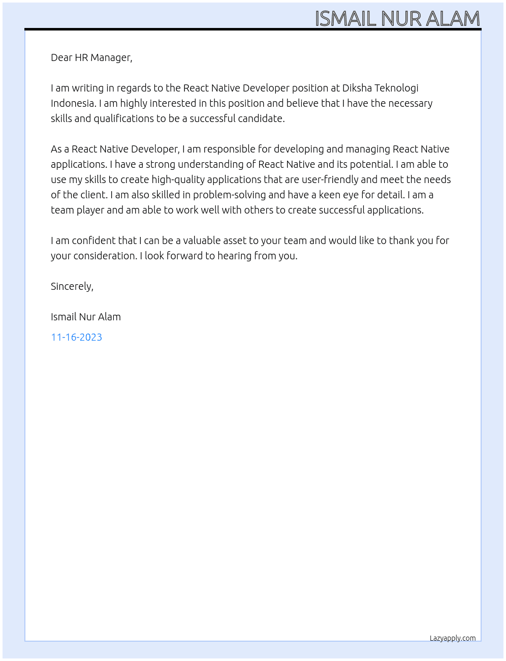 React Native Developer  At Diksha Teknologi Indonesia  Cover Letter