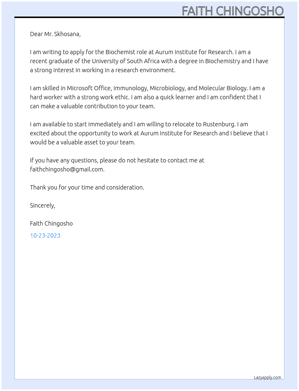 Biochemist  At Aurum institute for research  Cover Letter
