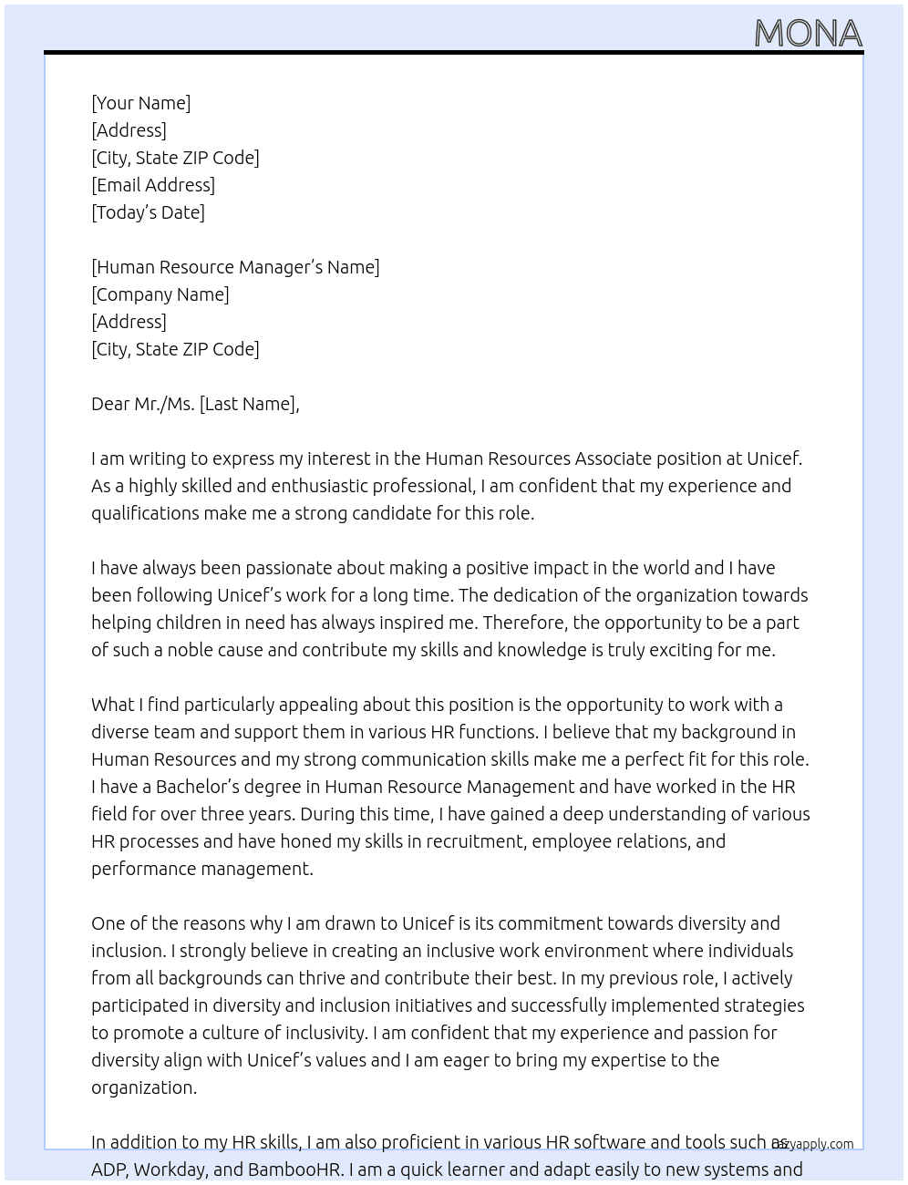 Human Resources Associate At Unicef Cover Letter