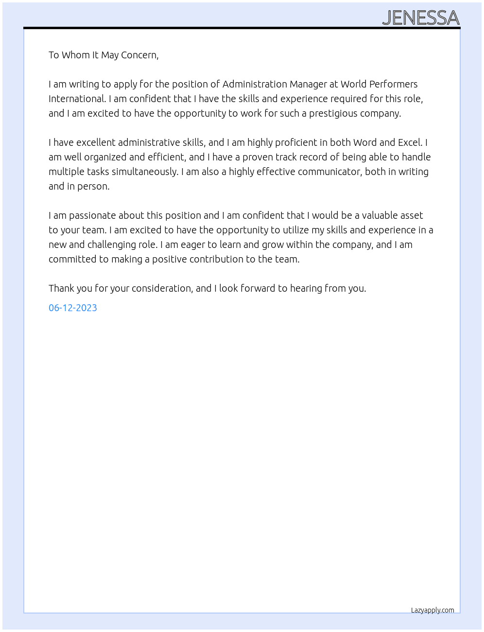 Administration Manager At World Performers International Cover Letter
