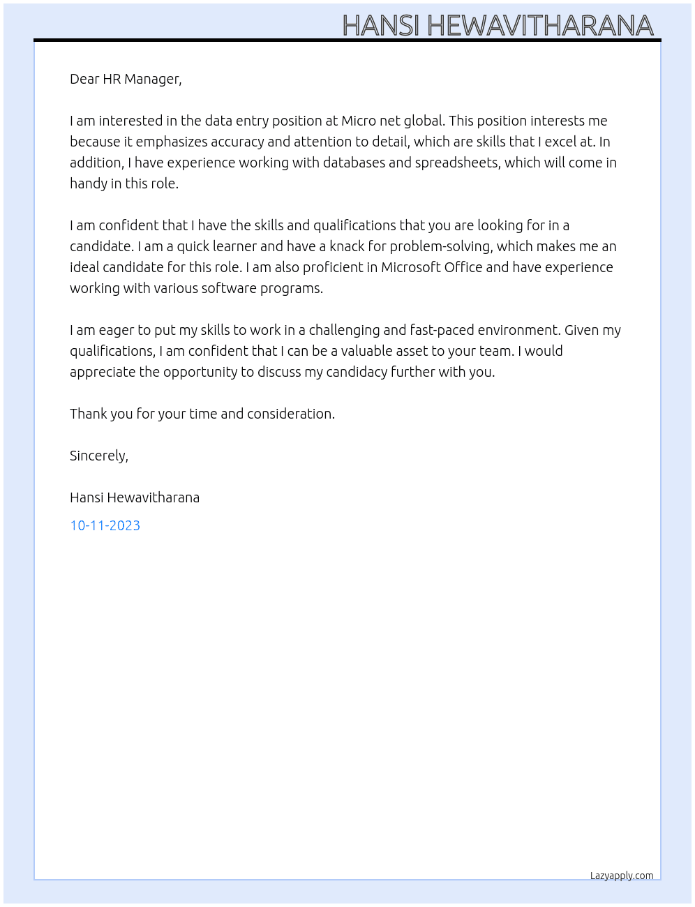Data entry At Micro net global Cover Letter