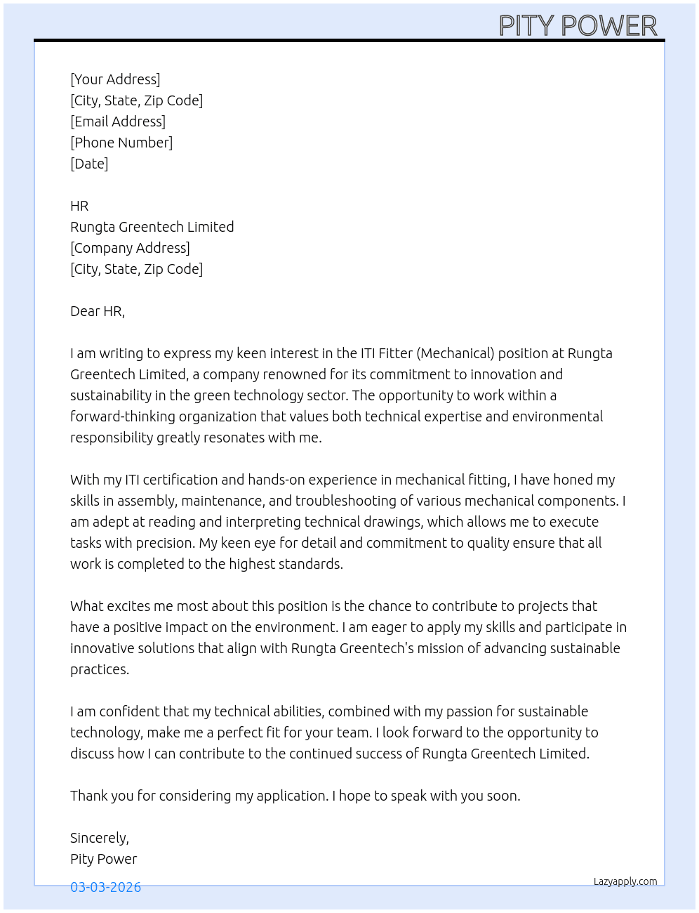 ITI FITTER (Mechanical) At RUNGTA GREENTECH LIMITED Cover Letter