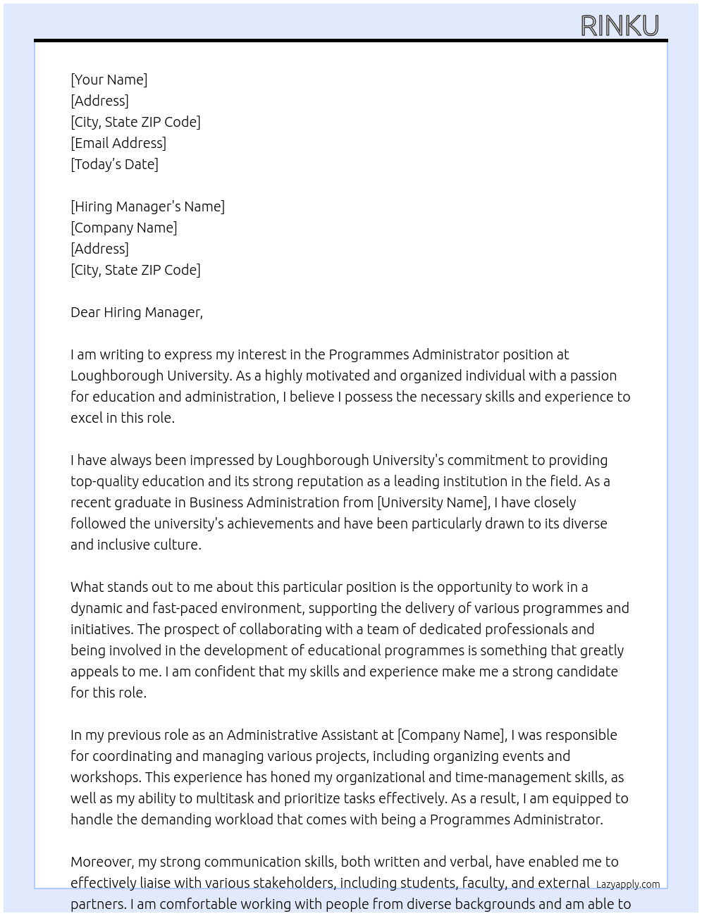 Programmes Administrator  At Loughborough University   Cover Letter