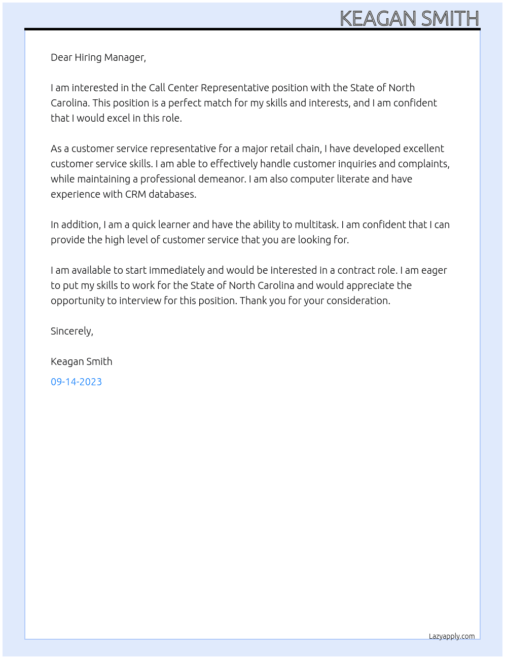 Call Center Representative At State of North Carolina Cover Letter