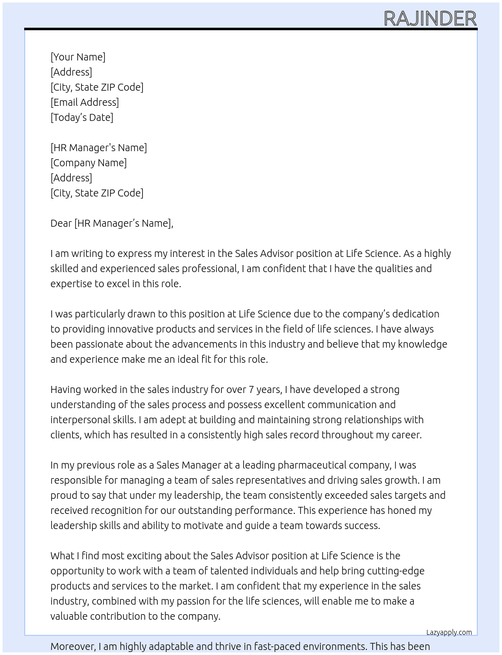 Sales Advisor At Life Science Cover Letter