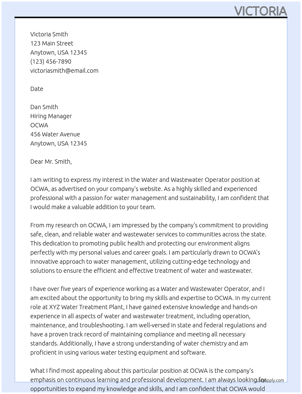 Water and Wastewater operator At OCWA Cover Letter