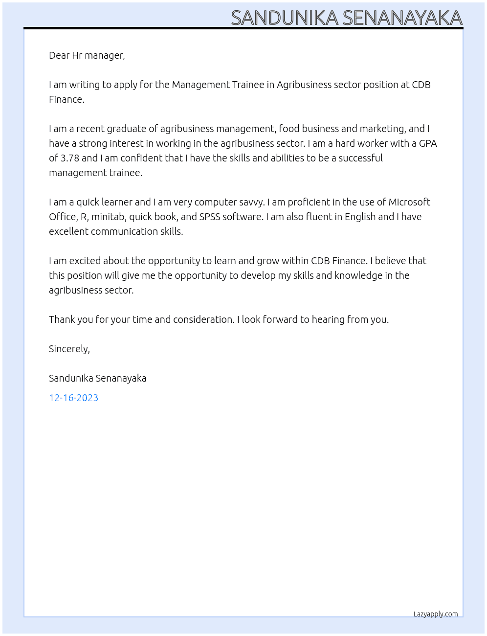Management Trainee in Agribusiness sector At CDB Finance Cover Letter