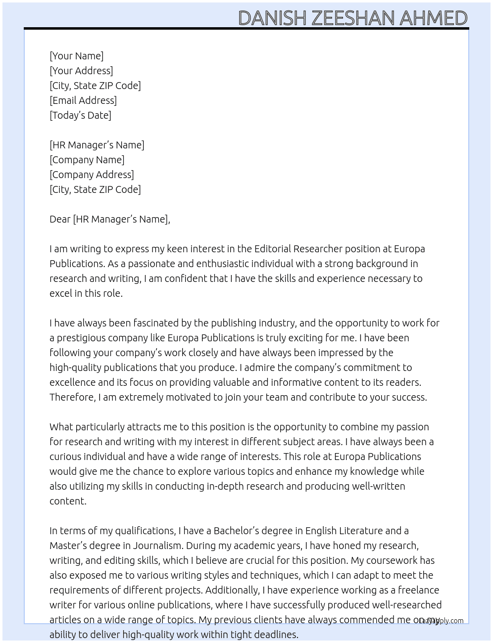 Cover letter for editorial researcher - LazyApply