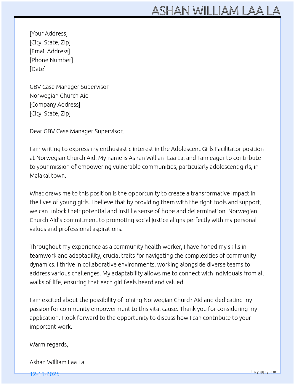 Adolescent girls facilitator  At Norwegian Church Aid  Cover Letter
