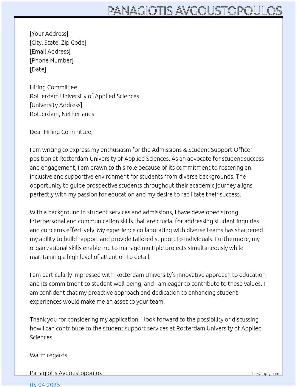 Admissions & Student Support Officer At Rotterdam University of Applied Science Cover Letter