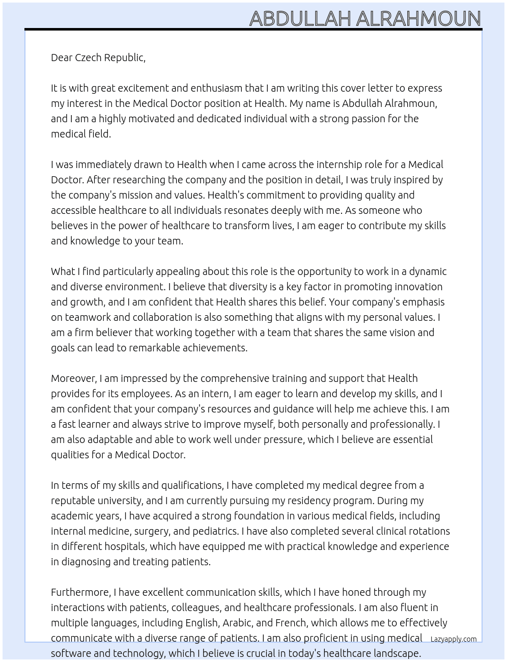 Medical Doctor At health Cover Letter