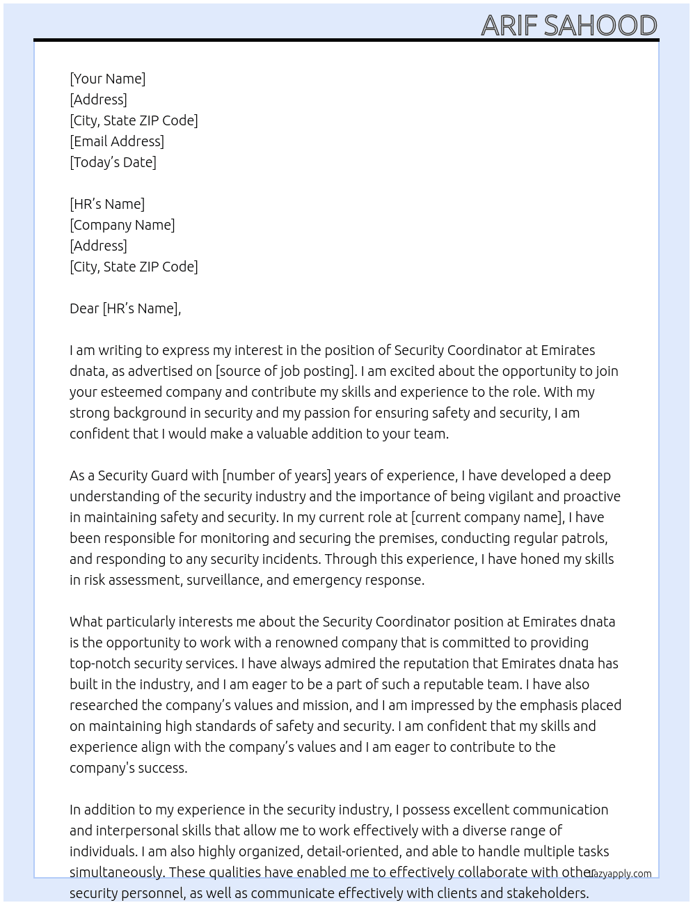 Security coordinator  At Emirates dnata Cover Letter