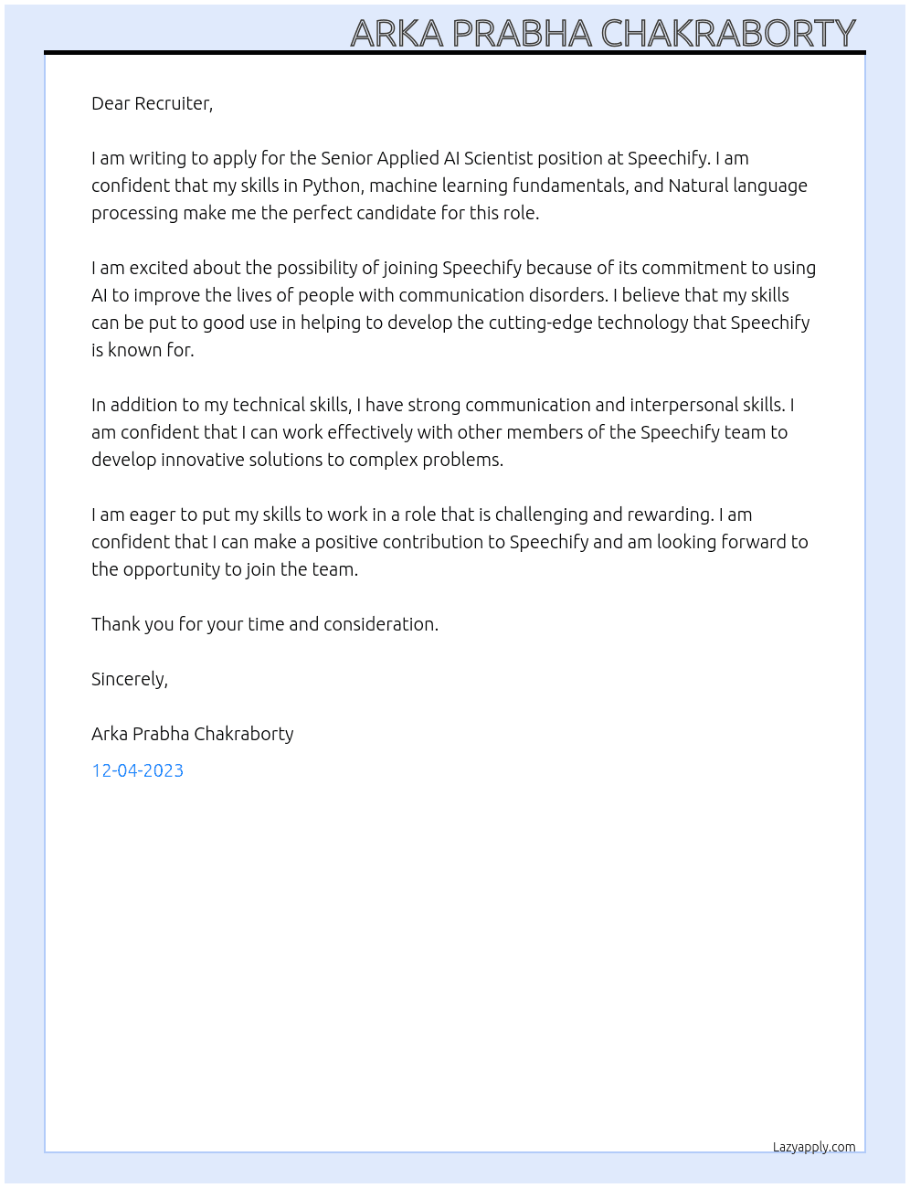 Senior Applied AI Scientist At Speechify Cover Letter
