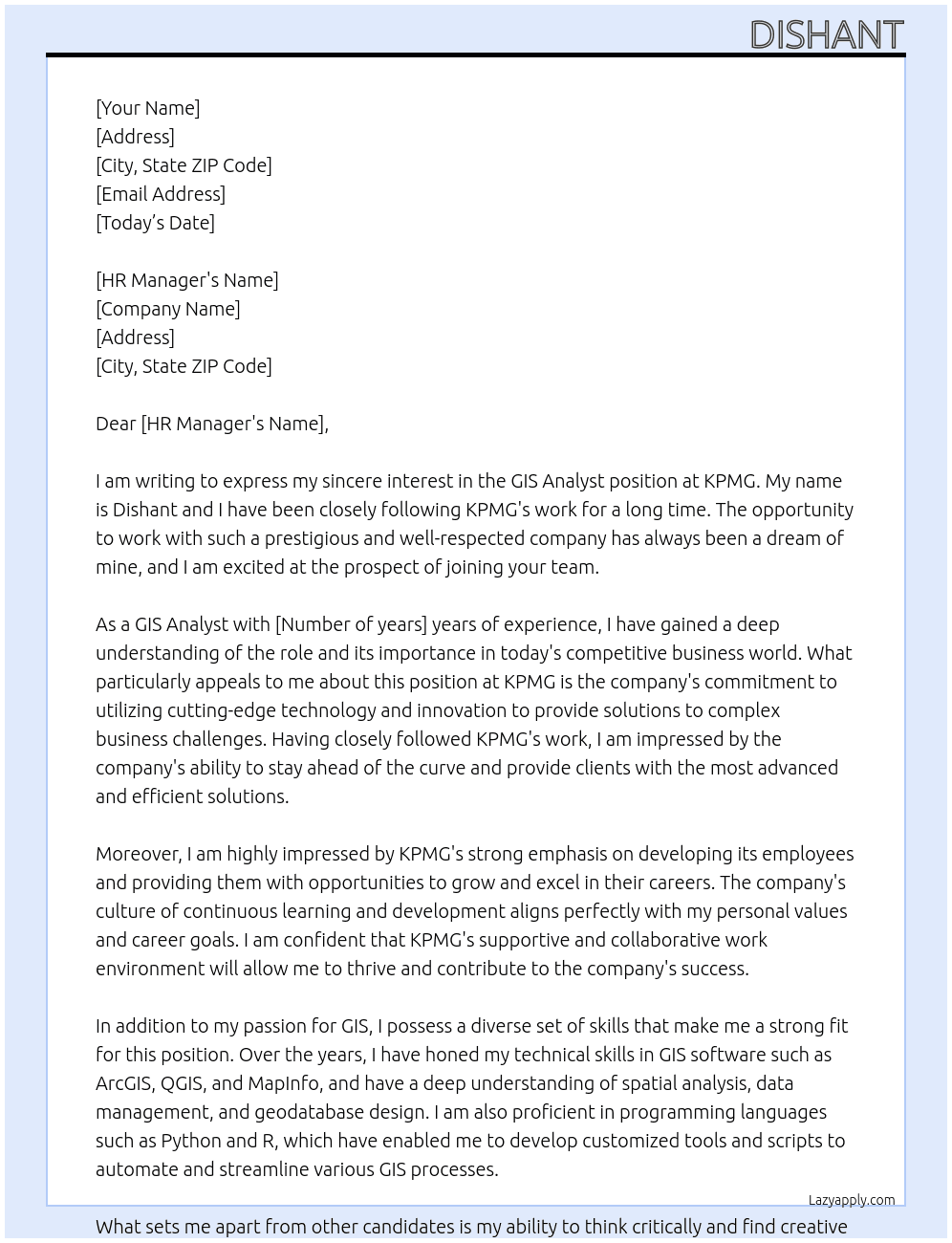 GIS ANALYST At KPMG Cover Letter