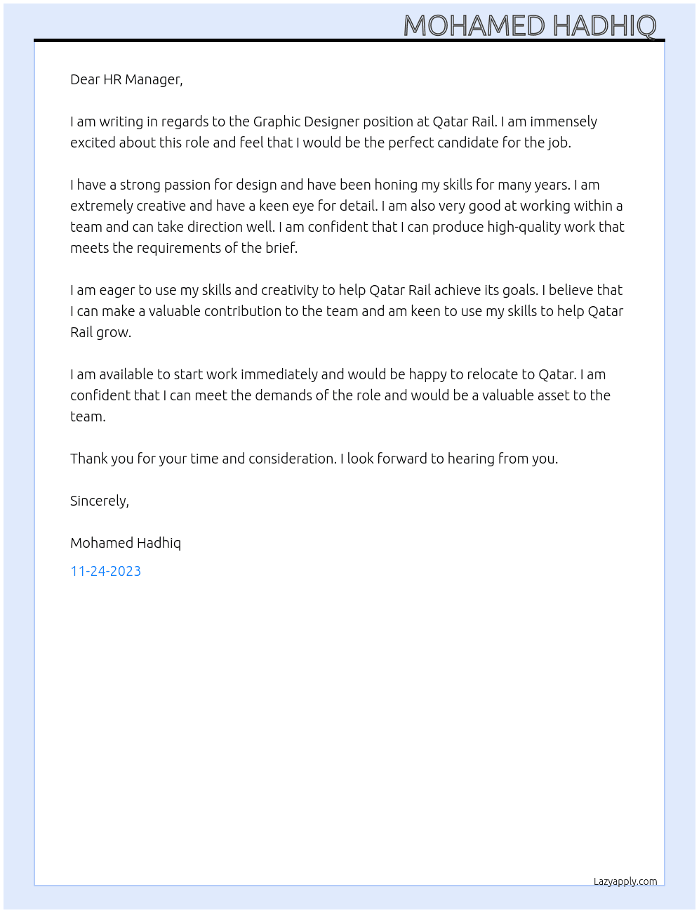 Graphic Designer  At Qatar Rail  Cover Letter