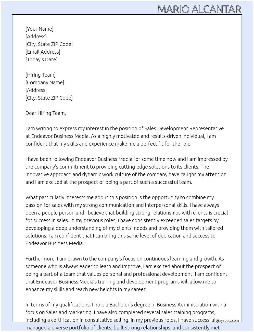 Sales Development Representative At Endeavor Business Media Cover Letter