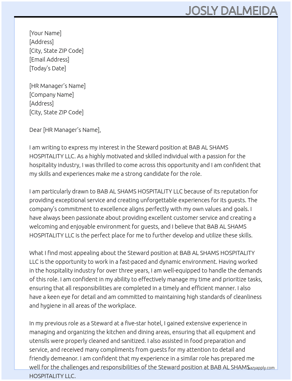 steward At  BAB AL SHAMS HOSPITALITY LLC Cover Letter