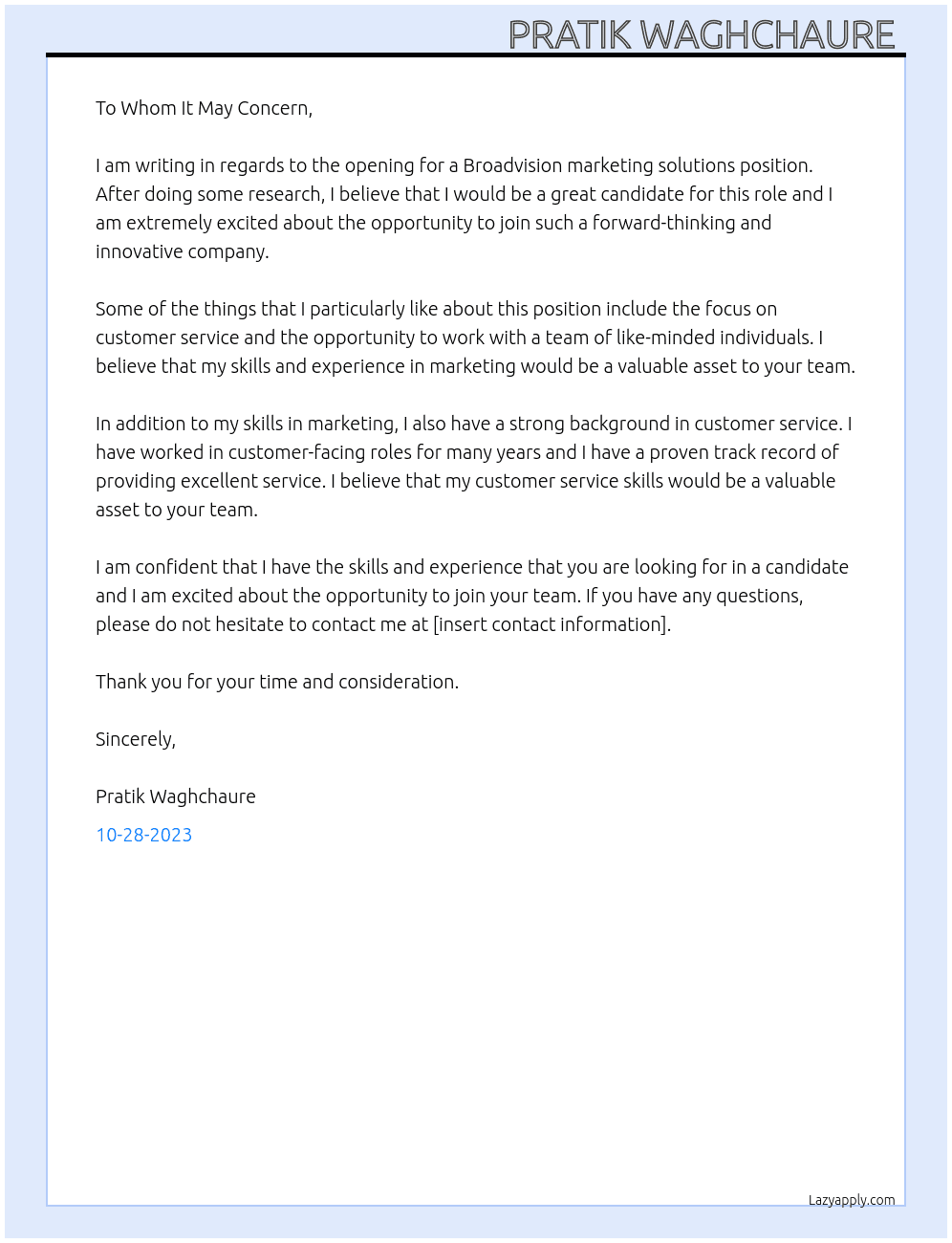 Broadvision marketing solutions At Broadvision marketing solution Cover Letter