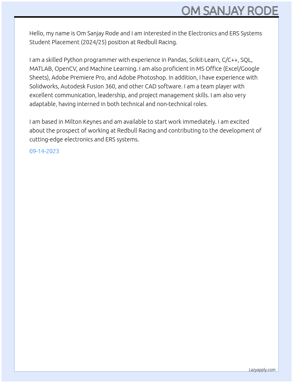 Electronics and ERS Systems Student Placement (2024/25) At Redbull Racing  Cover Letter