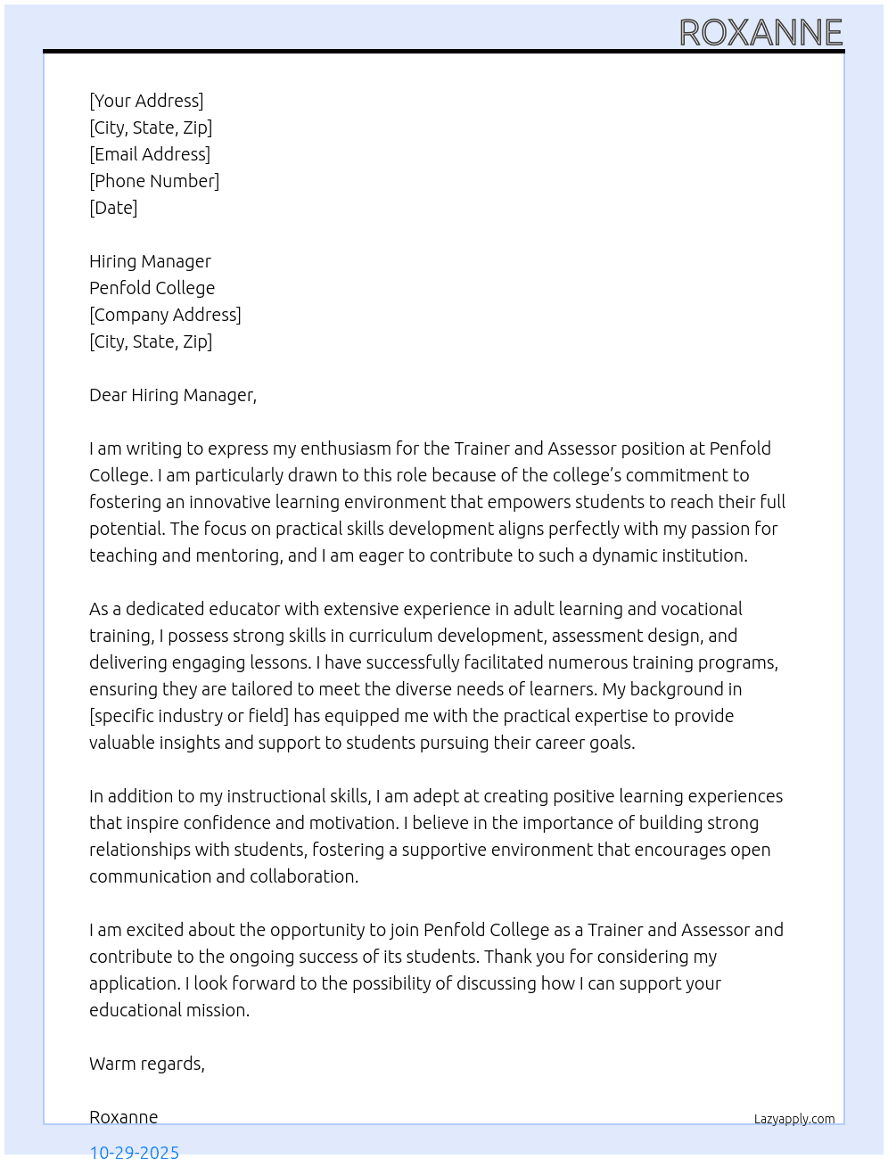 Cover letter for trainer and assessor - LazyApply