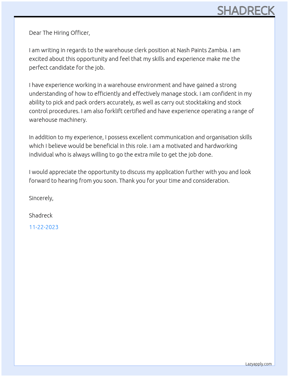 warehouse clerk At Nash Paints Zambia Cover Letter