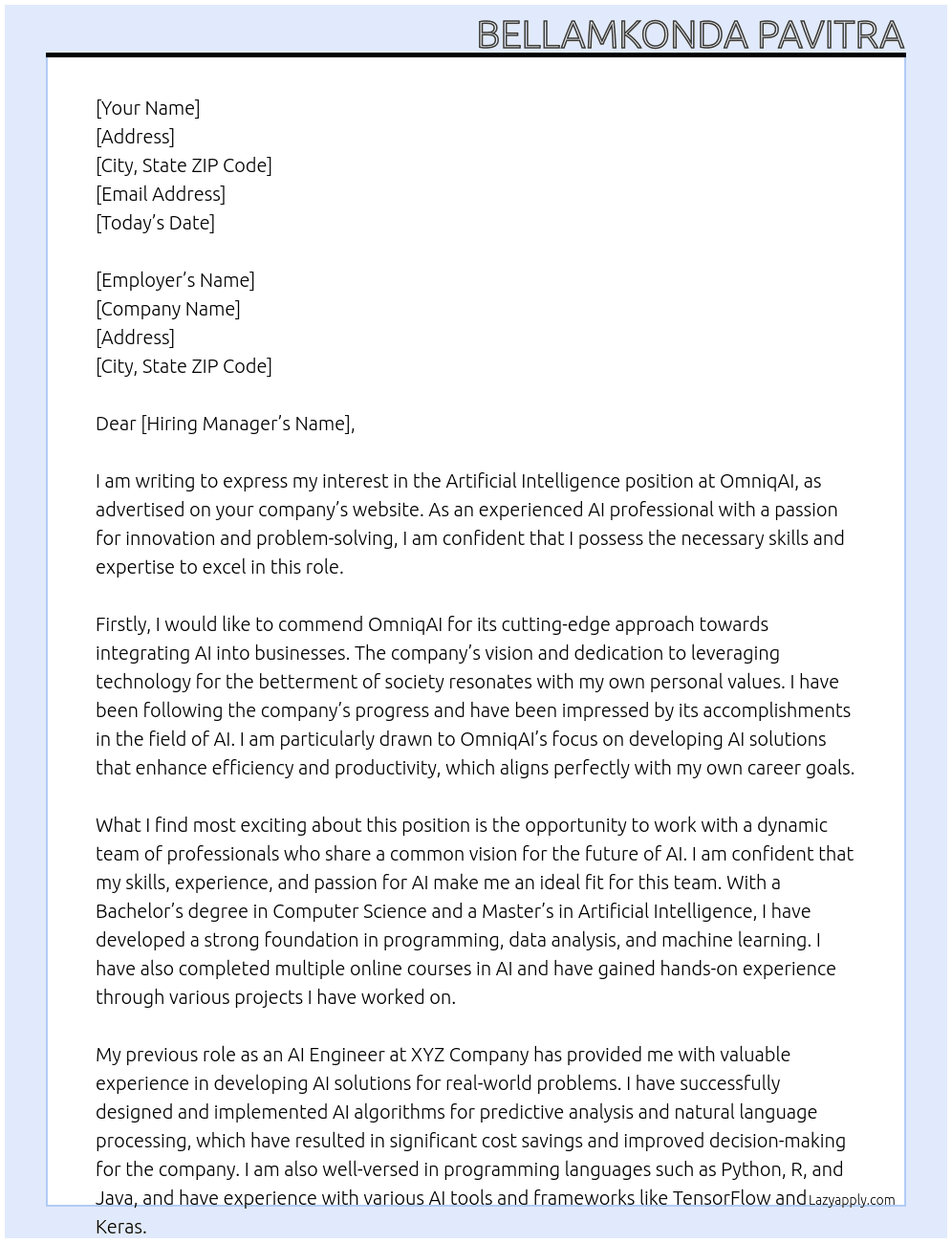 Artificial intelligence  At OmniqAI Cover Letter