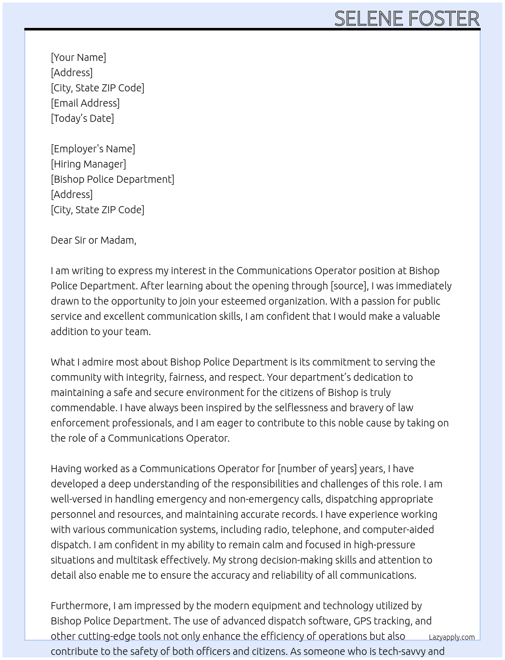 Communications Operator At Bishop Police Department Cover Letter