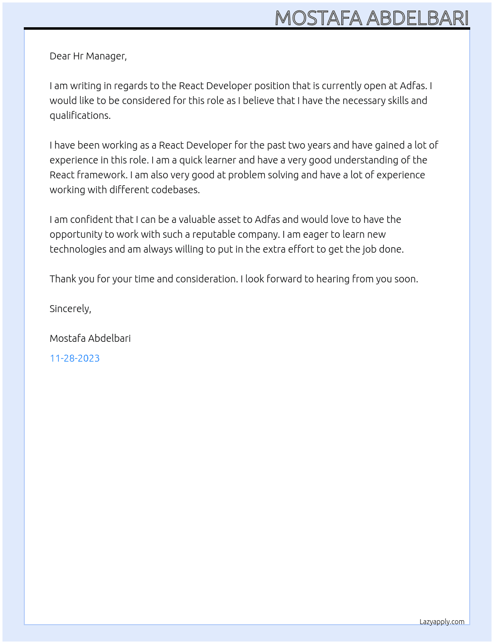 React Developer At Adfas Cover Letter