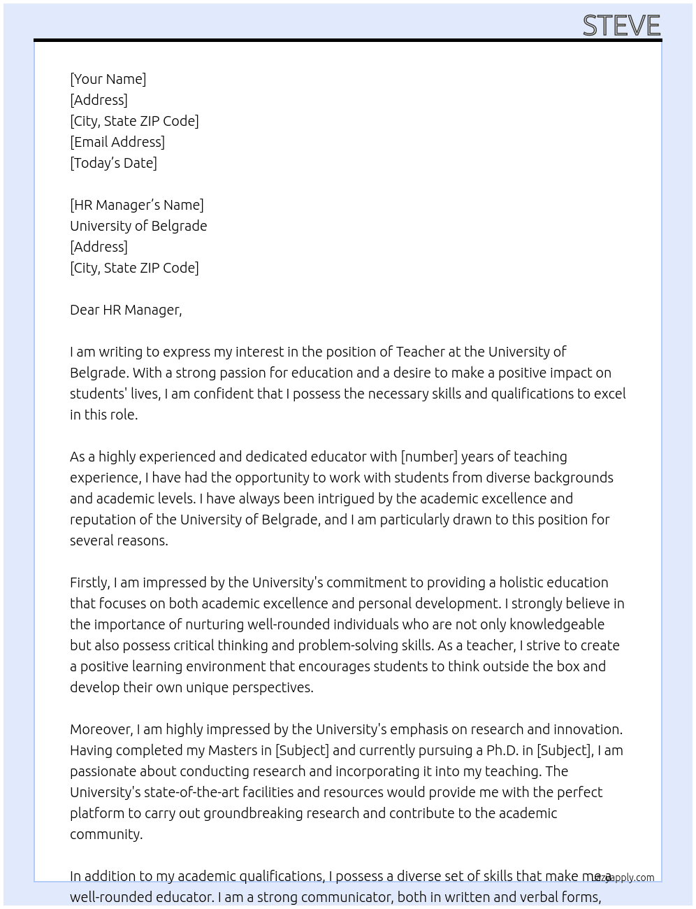 Teacher At University of Belgrade Cover Letter