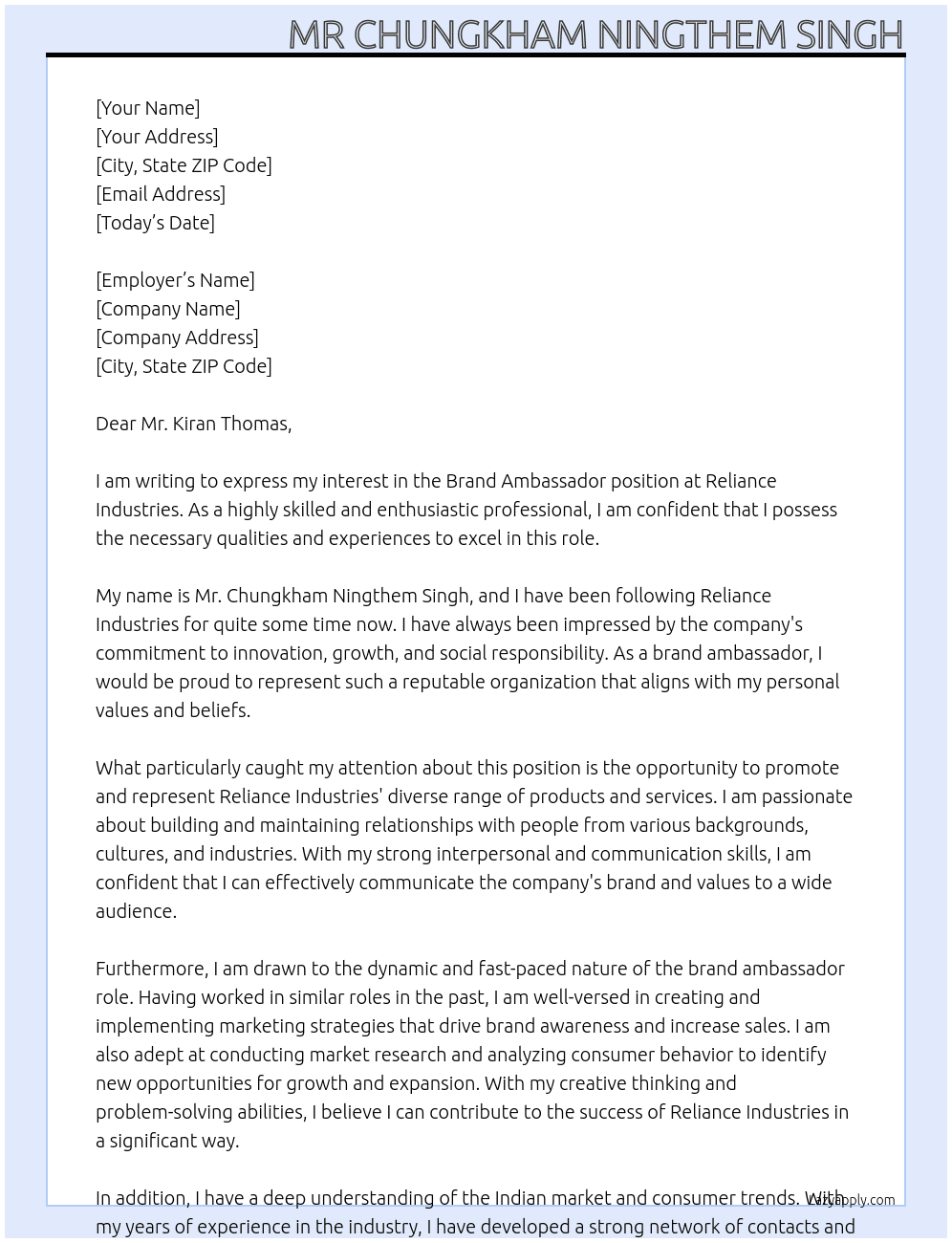 Brand Ambassador  At Reliance industries   Cover Letter