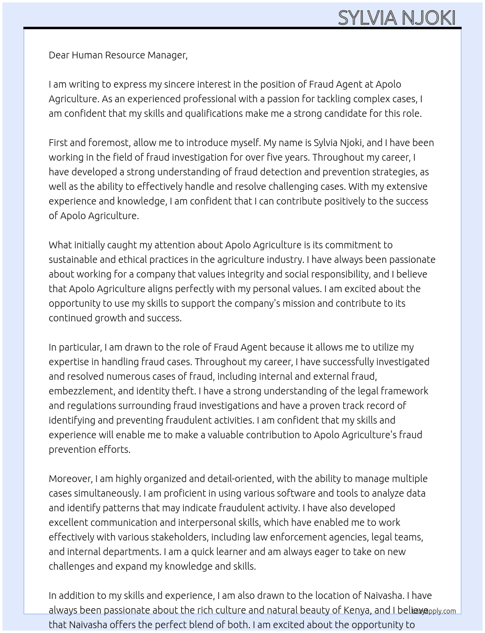 Fraud Agent  At Apolo agriculture  Cover Letter