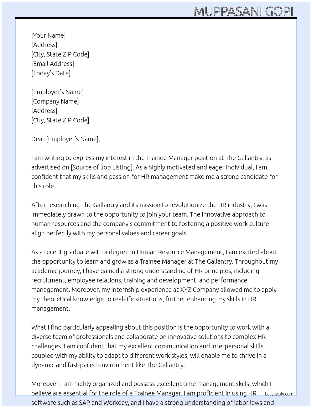 Trainee manager At The gallantry  Cover Letter