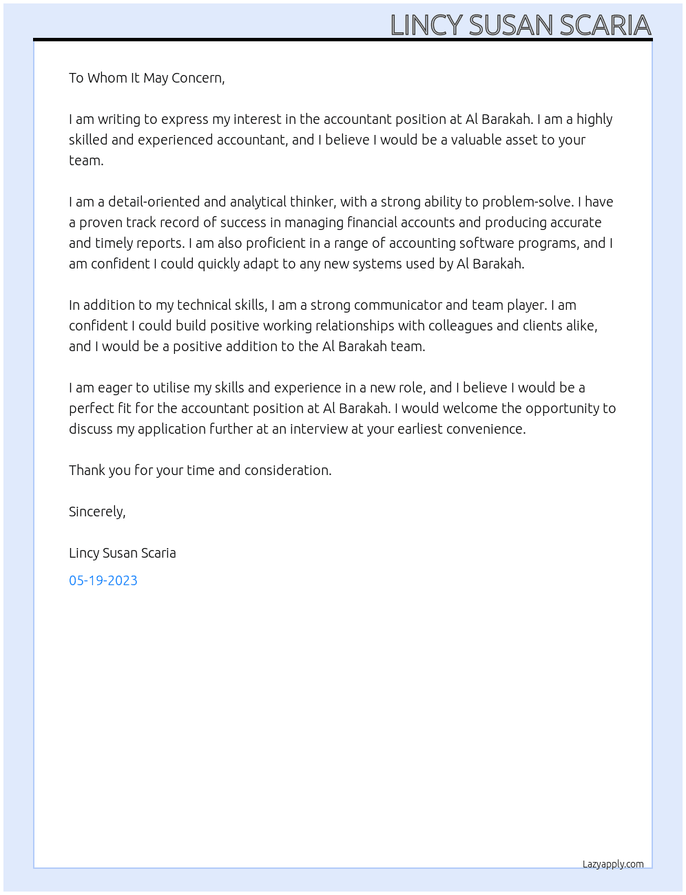 Accountant  At Al Barakah Cover Letter