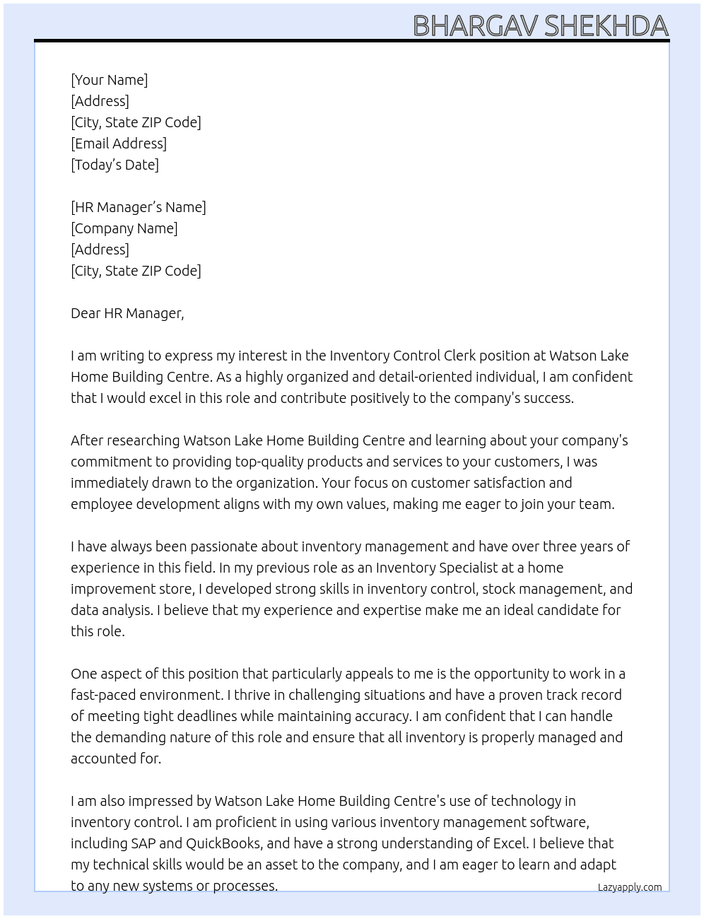 Inventory control clerk At  Watson Lake Home Building Centre Cover Letter