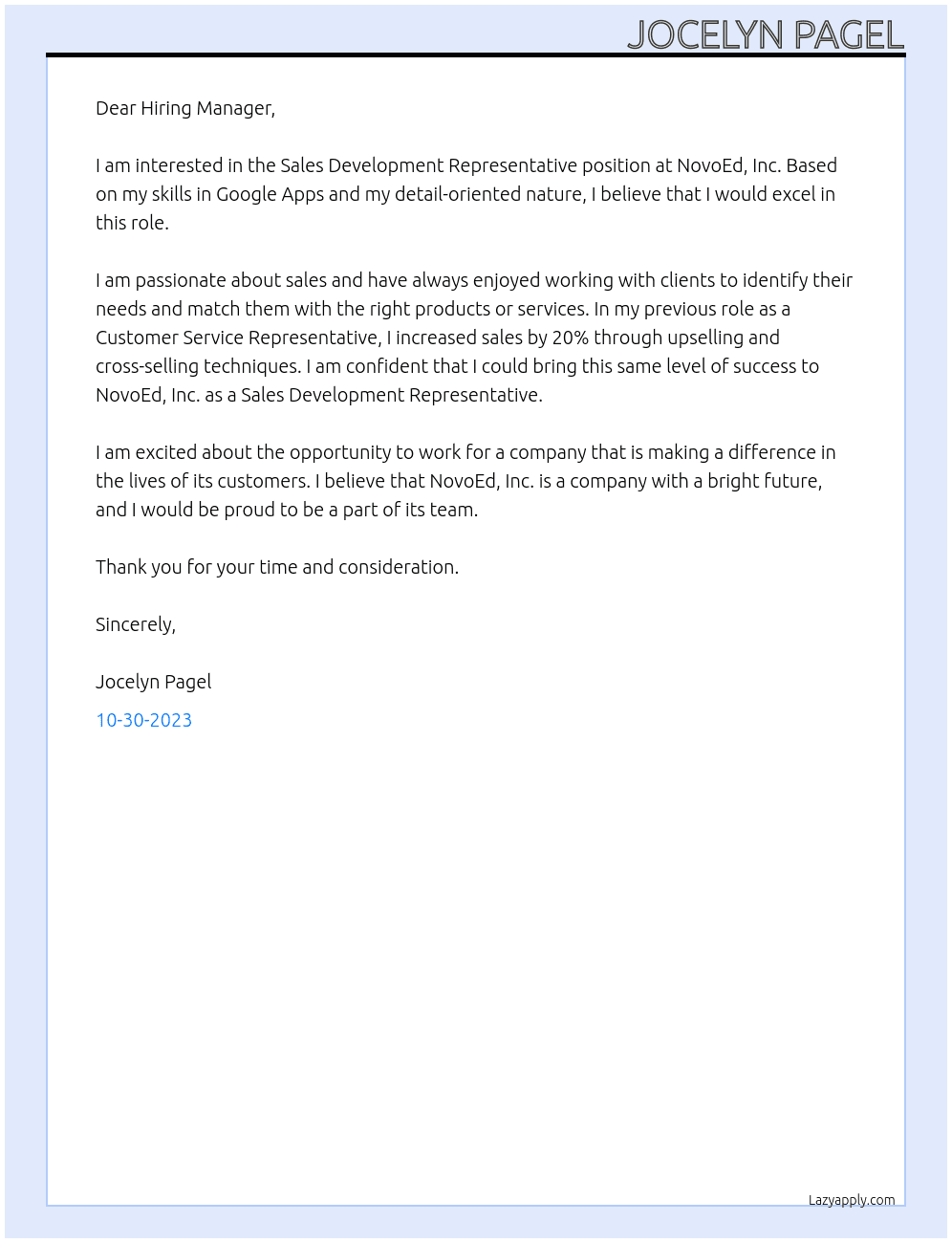 Sales Development Representative At NovoEd, Inc. Cover Letter