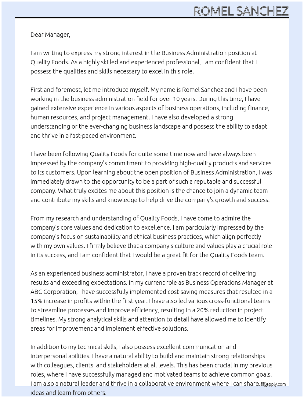 Business Administration At Quality Foods Cover Letter