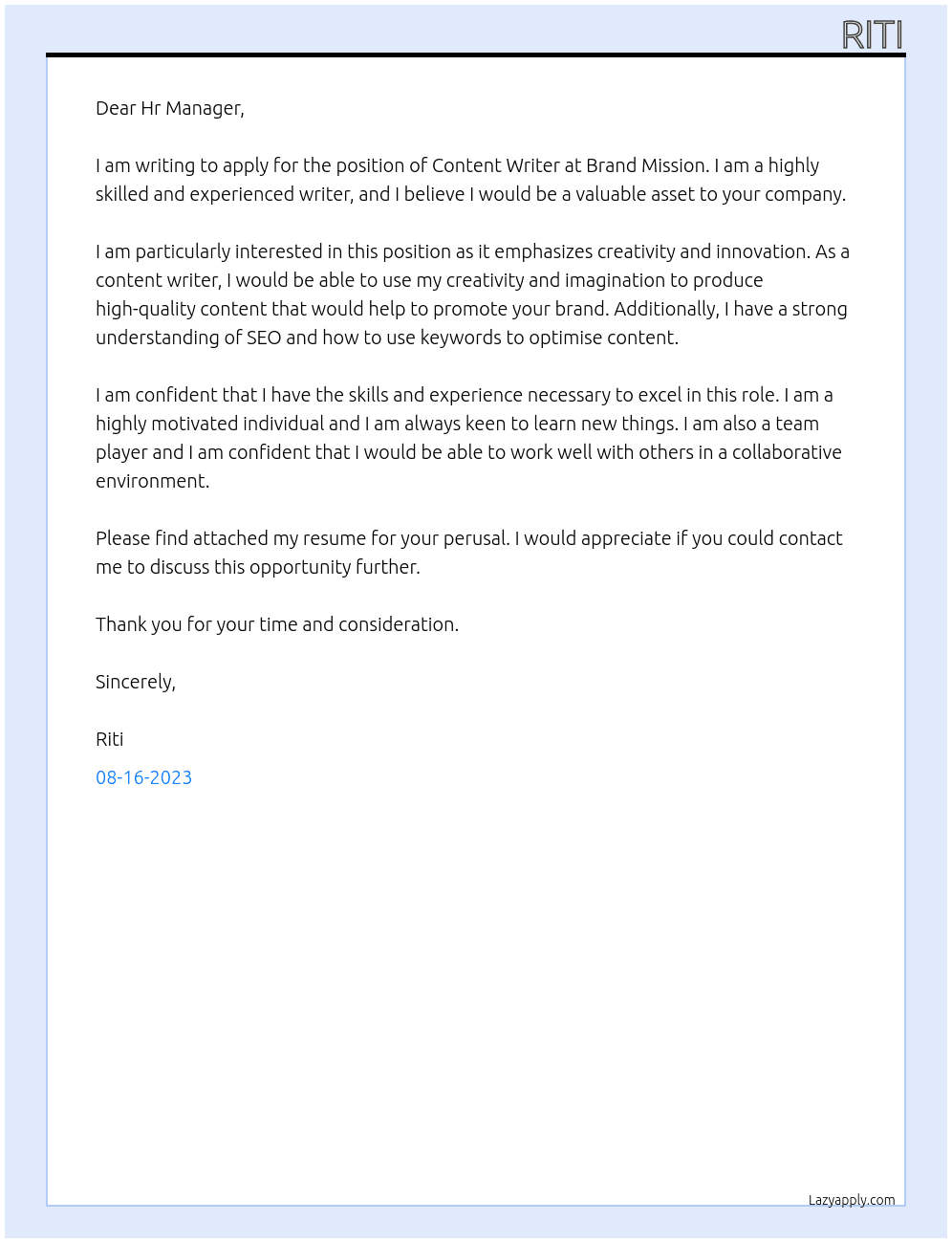 Content writer At Brand Mission Cover Letter
