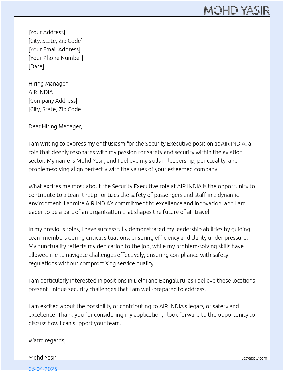 Cover letter for security executive - LazyApply