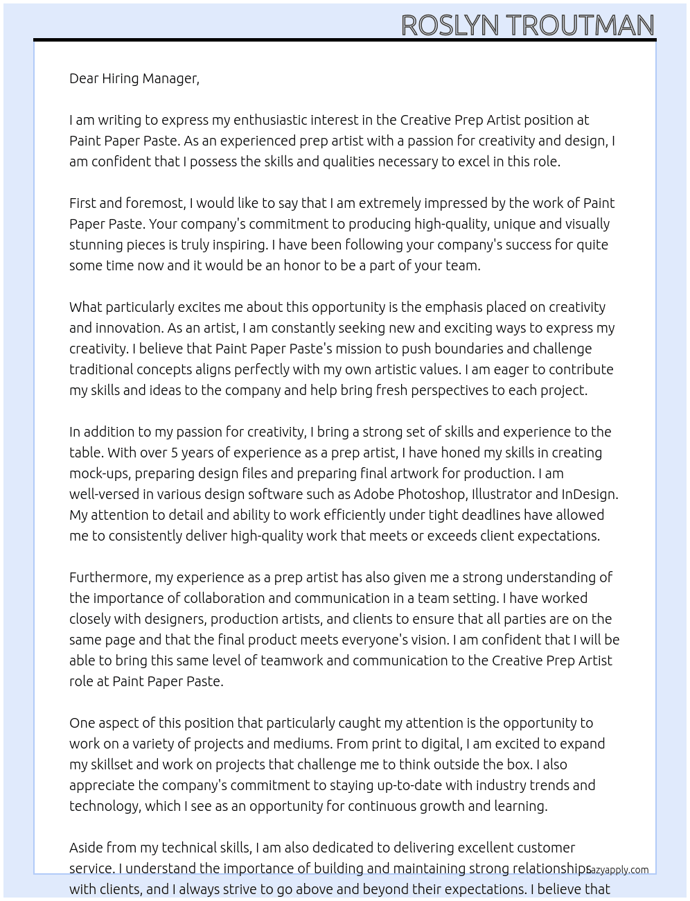 Creative Prep Artist  At Paint Paper Paste Cover Letter