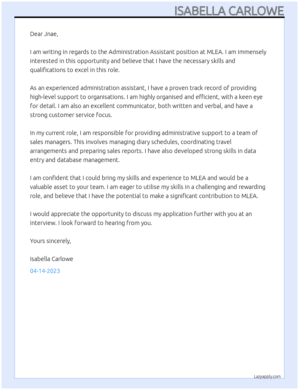 Administration Assistant At MLEA Cover Letter
