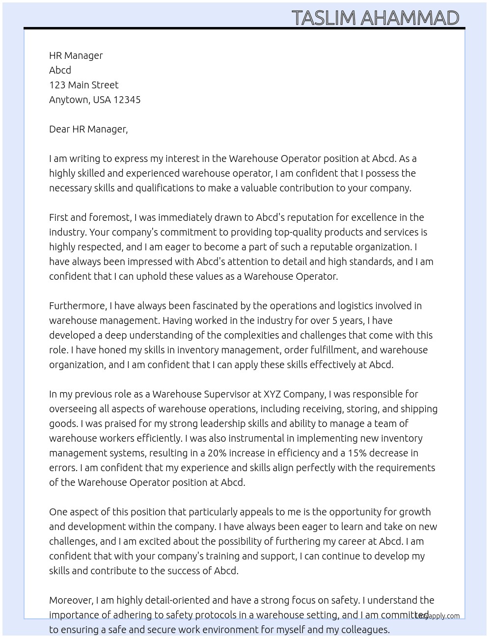 Warehouse operator  At Abcd Cover Letter