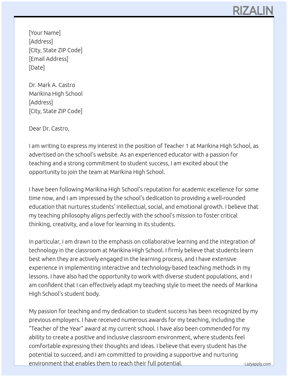 Teacher 1 At Marikina High School Cover Letter