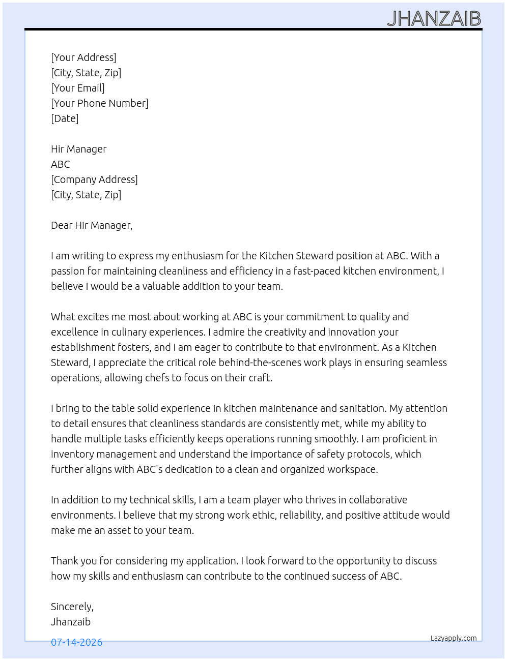 Kitchen Stewatd At abc Cover Letter