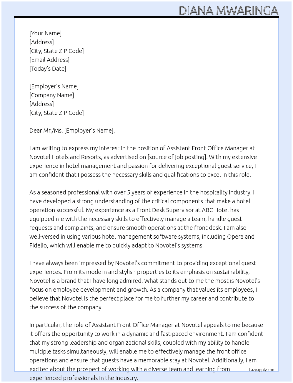 Assistant Front Office Manager  At Novotel Hotels and Resorts Cover Letter