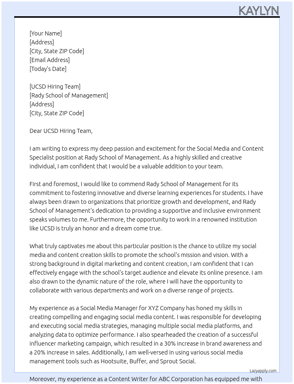 Social Media and Content Specialist  At Rady School of Management  Cover Letter