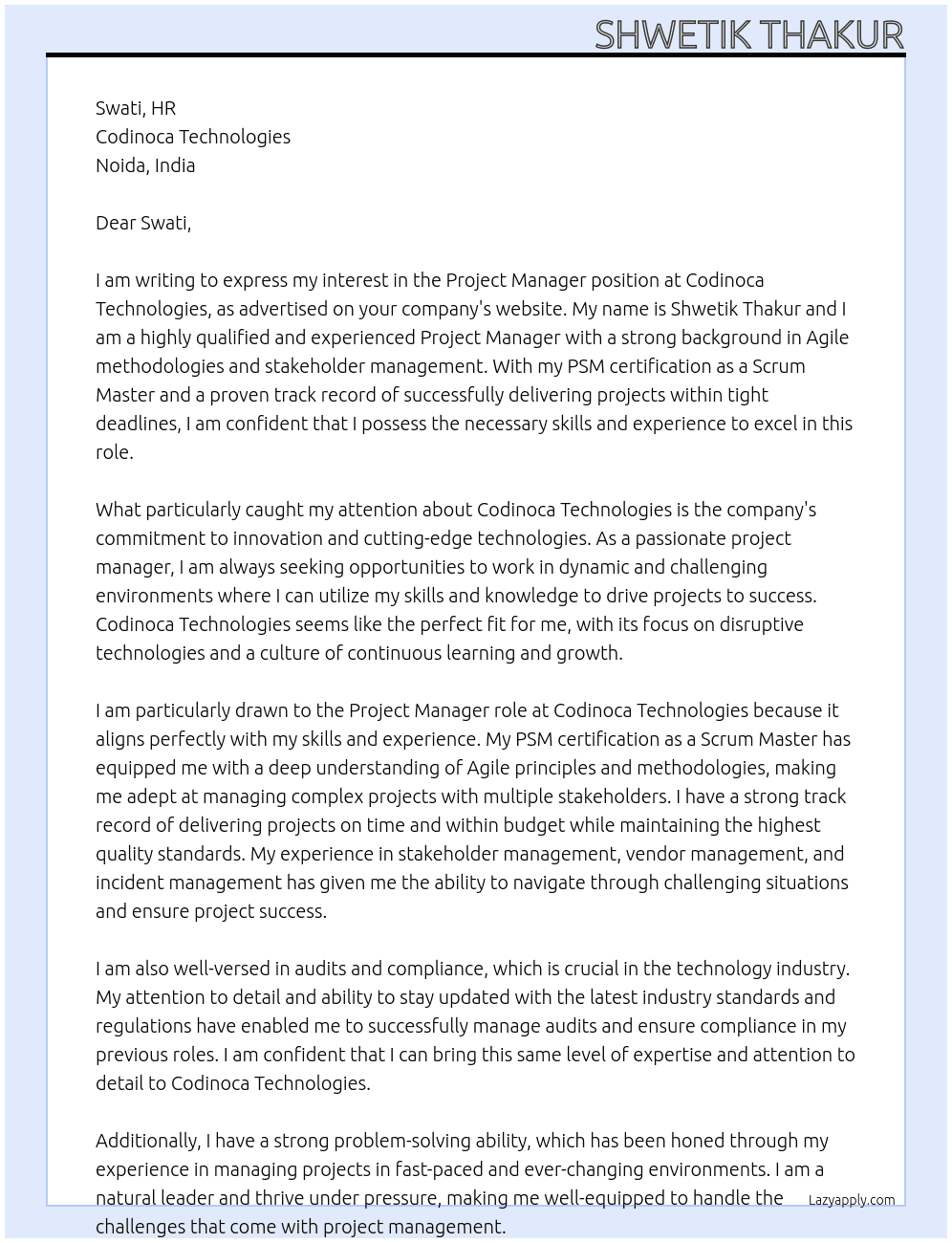 Project Manager At Codinoca Technologies Cover Letter